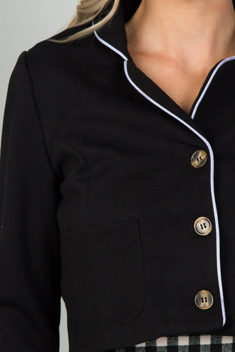 Ladies fashion black and white detail open front cropped blazer