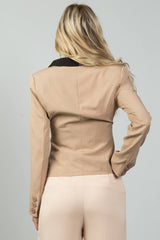 Ladies fashion khaki contrast collar open blazer