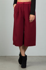 Ladies fashion burgundy pleat detail wide leg culottes