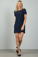 Ladies fashion navy sheer overlay mini dress