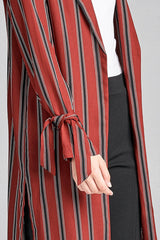Ladies fashion long sleeve notched collar side slit multi stripe long jacket