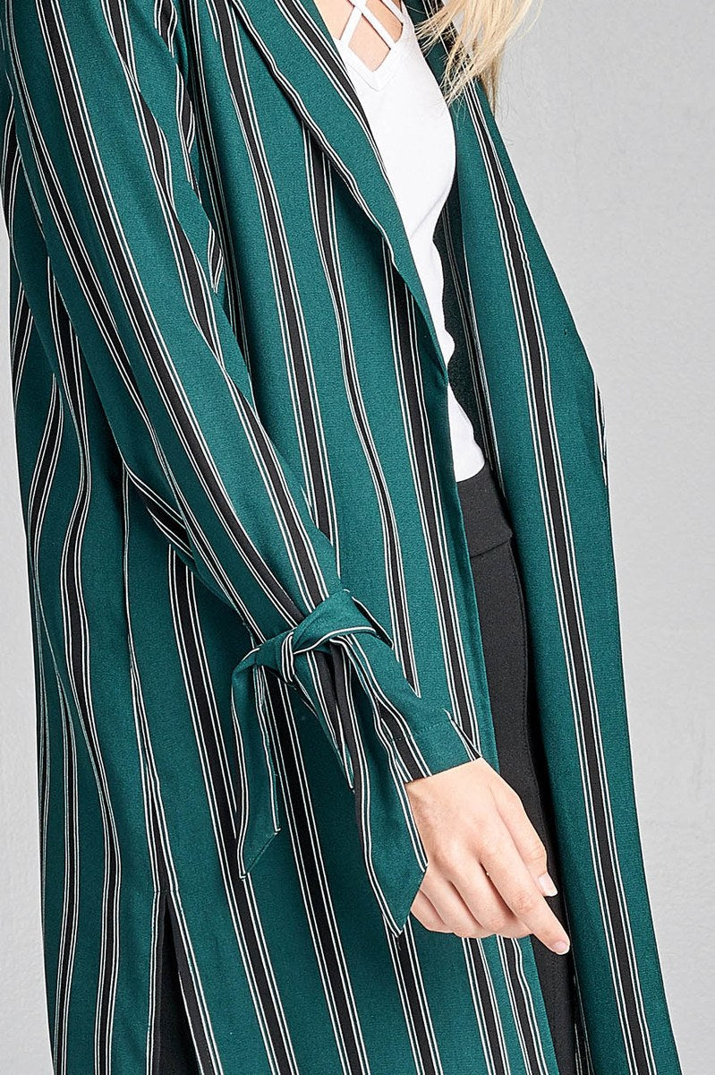Ladies fashion long sleeve notched collar side slit multi stripe long jacket