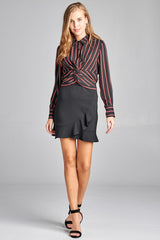 Ladies fashion long sleeve front button w/twisted detail stripe print woven shirt