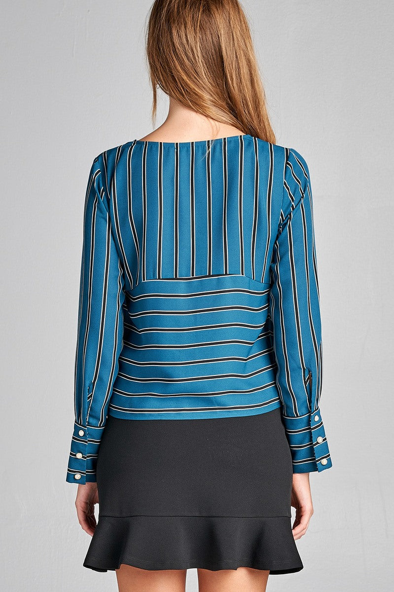 Ladies fashion long sleeve round neck front self tie multi stripe print woven top