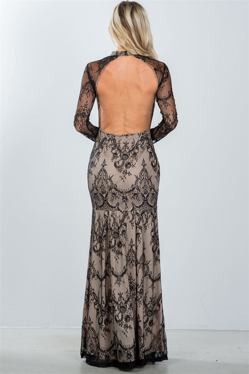 Ladies fashion black lace nude illusion open back maxi dress