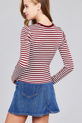 Ladies fashion long sleeve crew neck striped dty brushed top