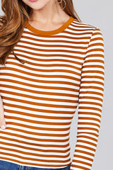 Ladies fashion long sleeve crew neck striped dty brushed top