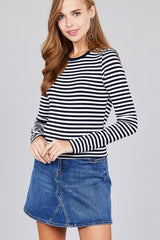 Ladies fashion long sleeve crew neck striped dty brushed top