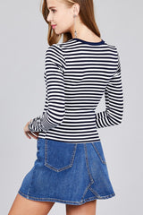 Ladies fashion long sleeve crew neck striped dty brushed top