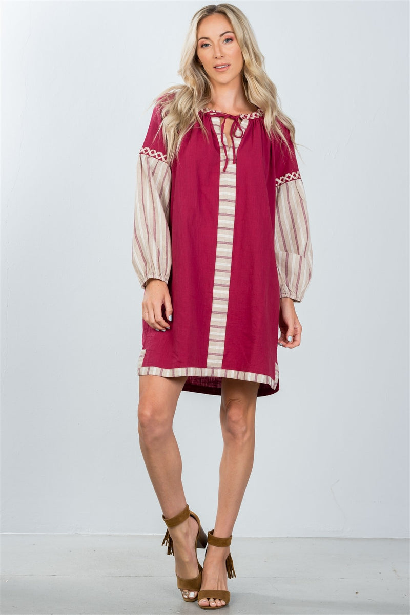 Ladies fashion bohemian stripe contrast sleeve mini dress