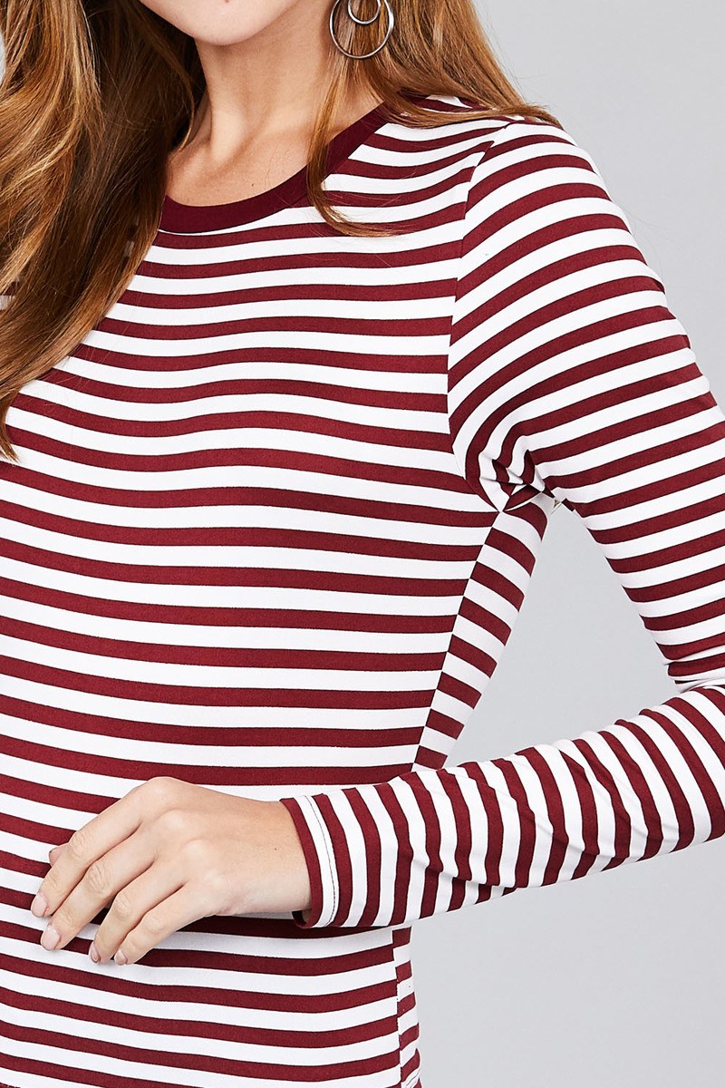 Ladies fashion plus sizelong sleeve crew neck striped dty brushed top