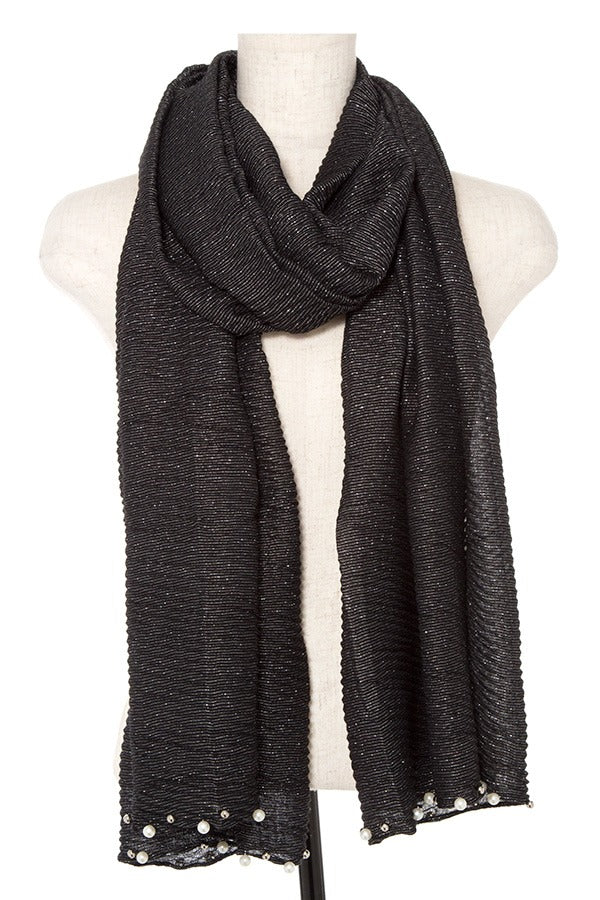 Pleated pearl and bead accent oblong scarf