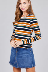 Ladies fashion plus size long sleeve crew neck multi striped dty brushed top