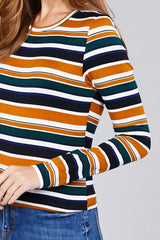 Ladies fashion plus size long sleeve crew neck multi striped dty brushed top