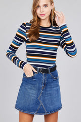 Ladies fashion plus size long sleeve crew neck multi striped dty brushed top