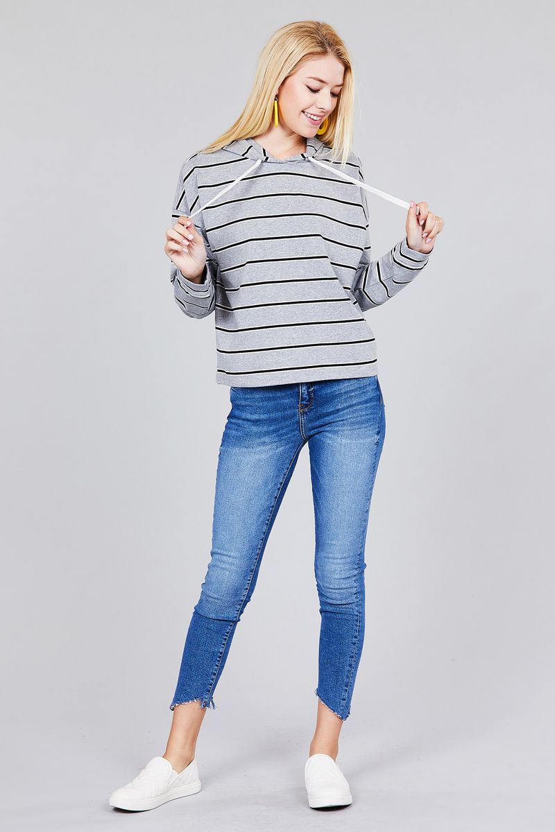 Ladies fashion plus size long sleeve hoodie w/drawstring stripe french terry top