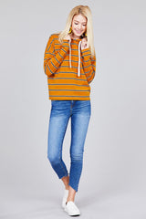 Ladies fashion plus size long sleeve hoodie w/drawstring stripe french terry top