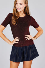 Ladies fashion plus size short sleeve crew neck metalic knit top