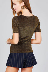 Ladies fashion plus size short sleeve crew neck metalic knit top