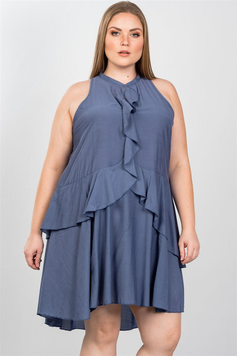 Ladies fashion plus size draped-ruffle front sleeveless swing mini dress