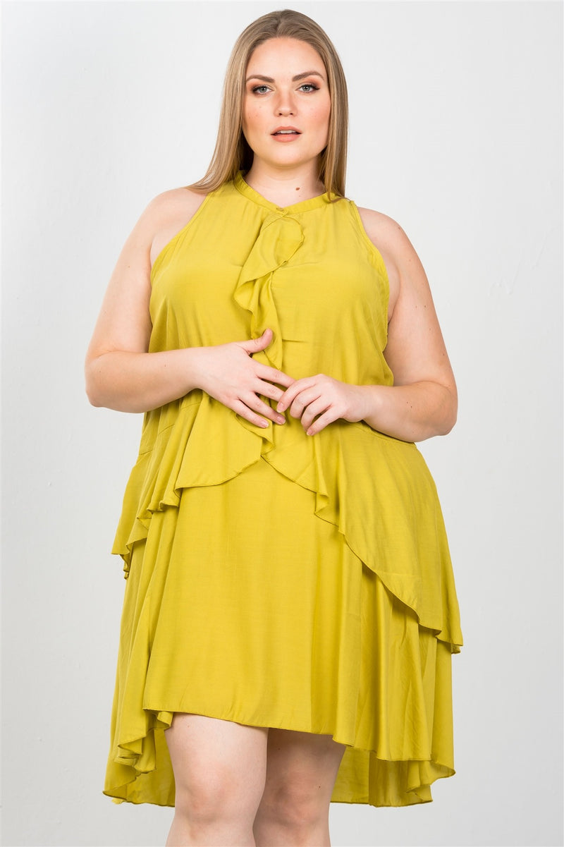 Ladies fashion plus size draped-ruffle front sleeveless swing mini dress