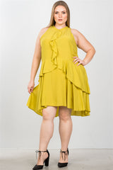 Ladies fashion plus size draped-ruffle front sleeveless swing mini dress