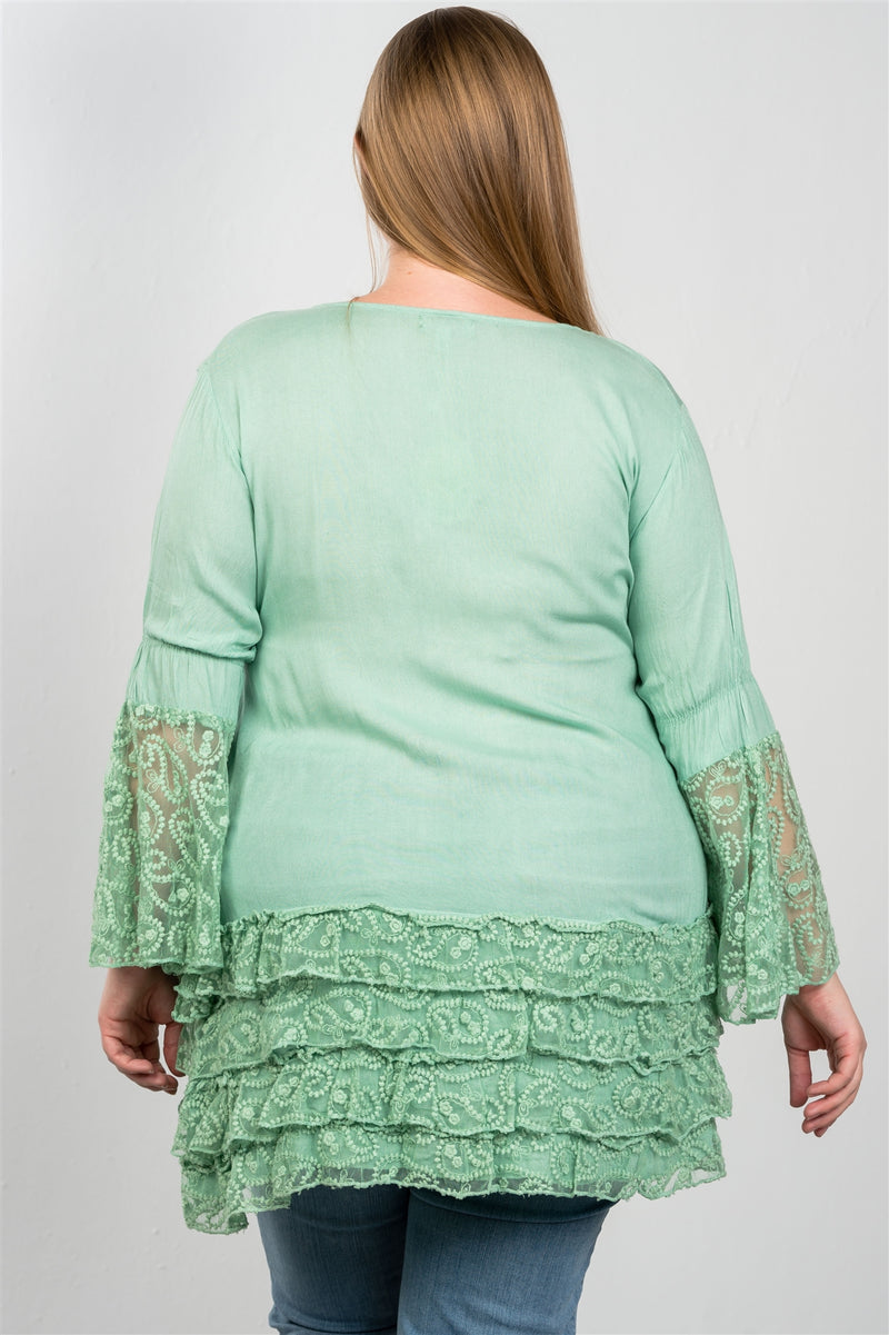 Ladies fashion plus size lace hem v neck tunic top