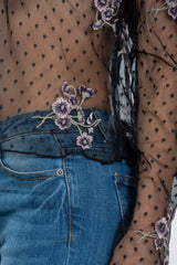 Ladies fashion floral embroidered sheer polka dot boho top