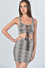 Ladies fashion taupe snake print lace up crop top and mini skirt two piece set