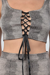 Ladies fashion taupe snake print lace up crop top and mini skirt two piece set