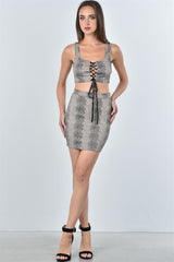 Ladies fashion taupe snake print lace up crop top and mini skirt two piece set