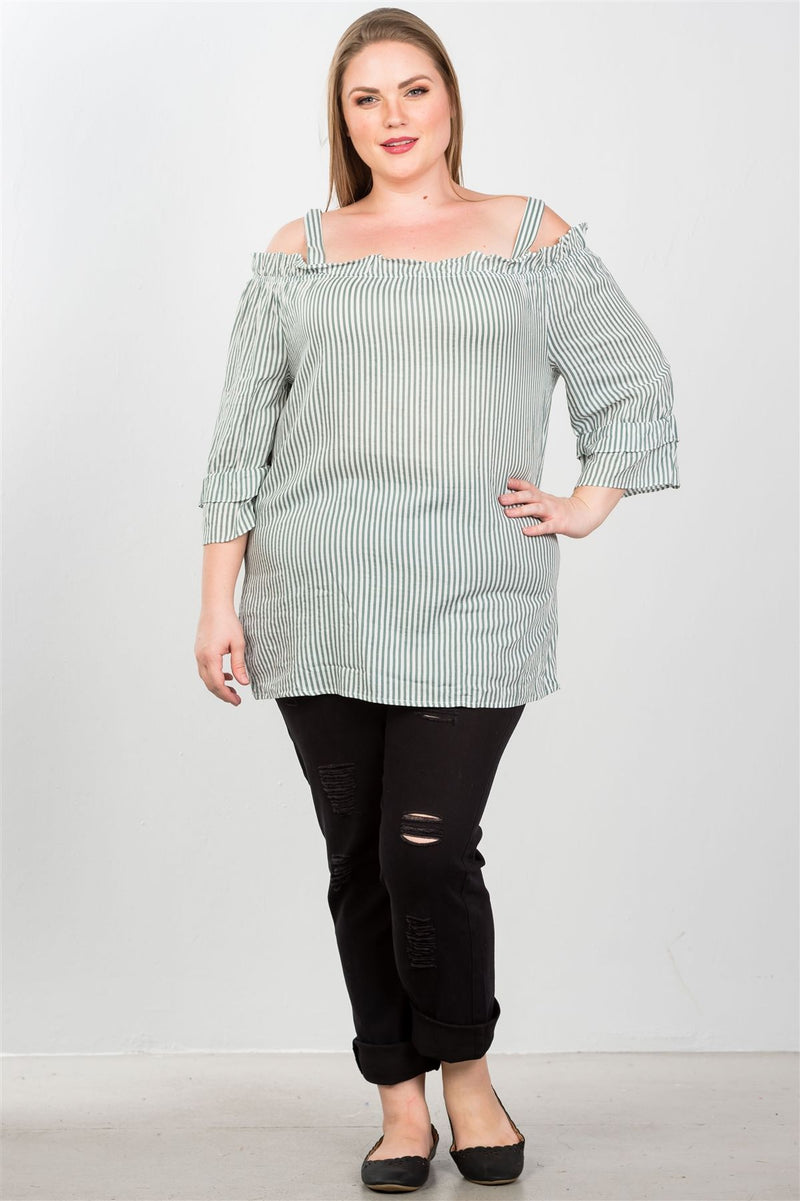 Ladies fashion plus size boho striped cold-shoulder top
