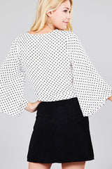 Ladies fashion plus size 3/4 bell sleeve v-neck w/button front tie detail dot printed crinkle gauze woven top