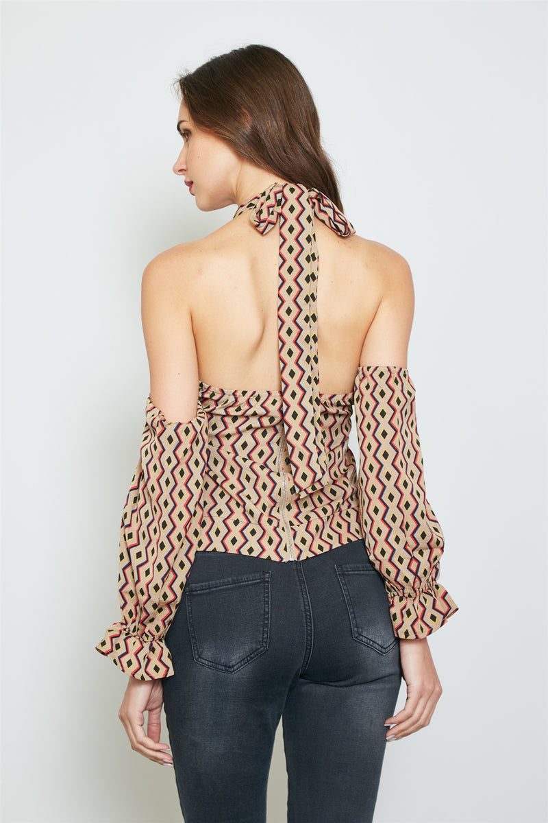 Ladies fashion geo print off the shoulder top