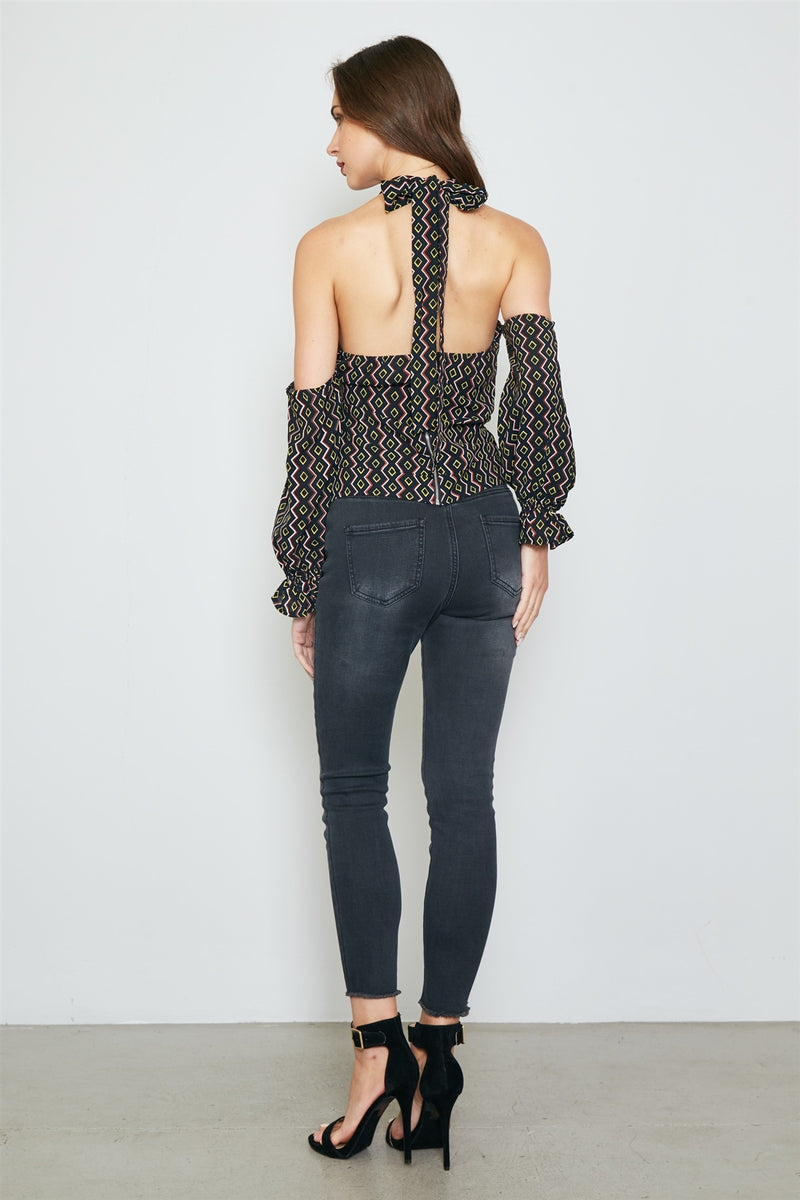 Ladies fashion geo print off the shoulder top