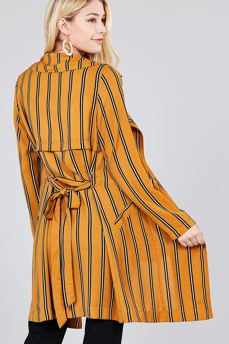 Ladies fashion long sleeve notched collar w/waist belt multi striped long woven jacket