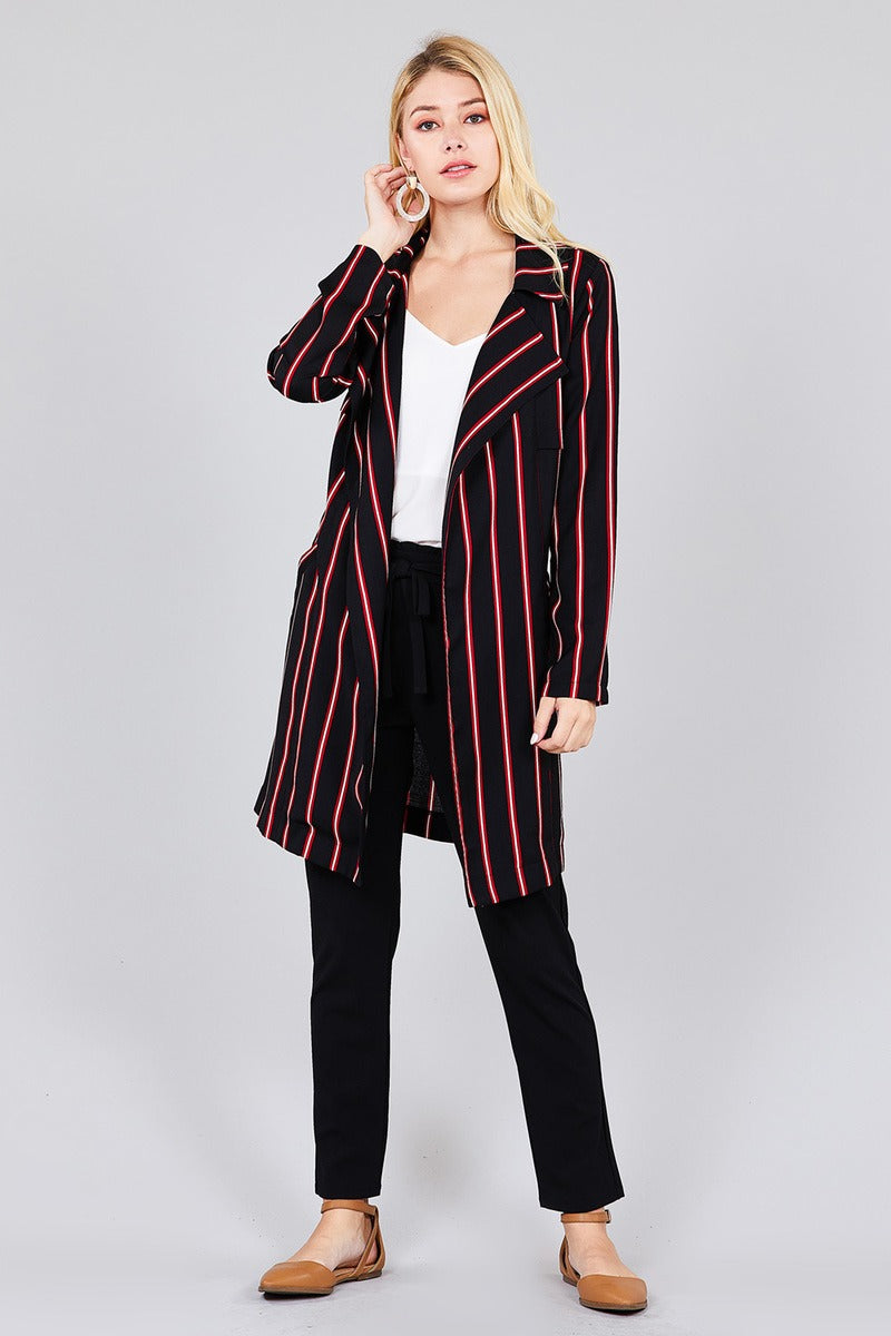Ladies fashion long sleeve notched collar w/waist belt multi striped long woven jacket