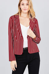 Long sleeve notched collar princess seam w/back slit striped jacket