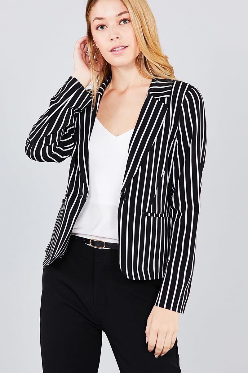 Long sleeve notched collar princess seam w/back slit striped jacket