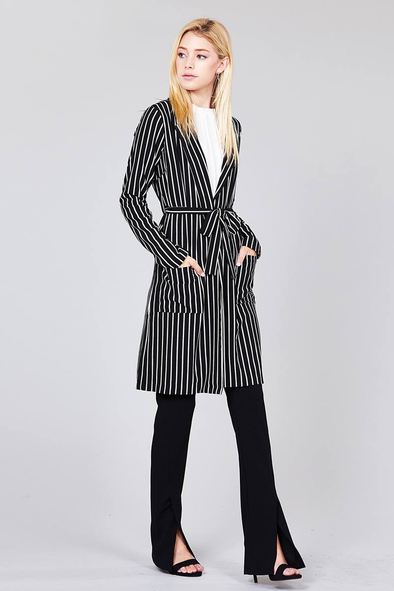 Long sleeve notched collar open front striped long jacket