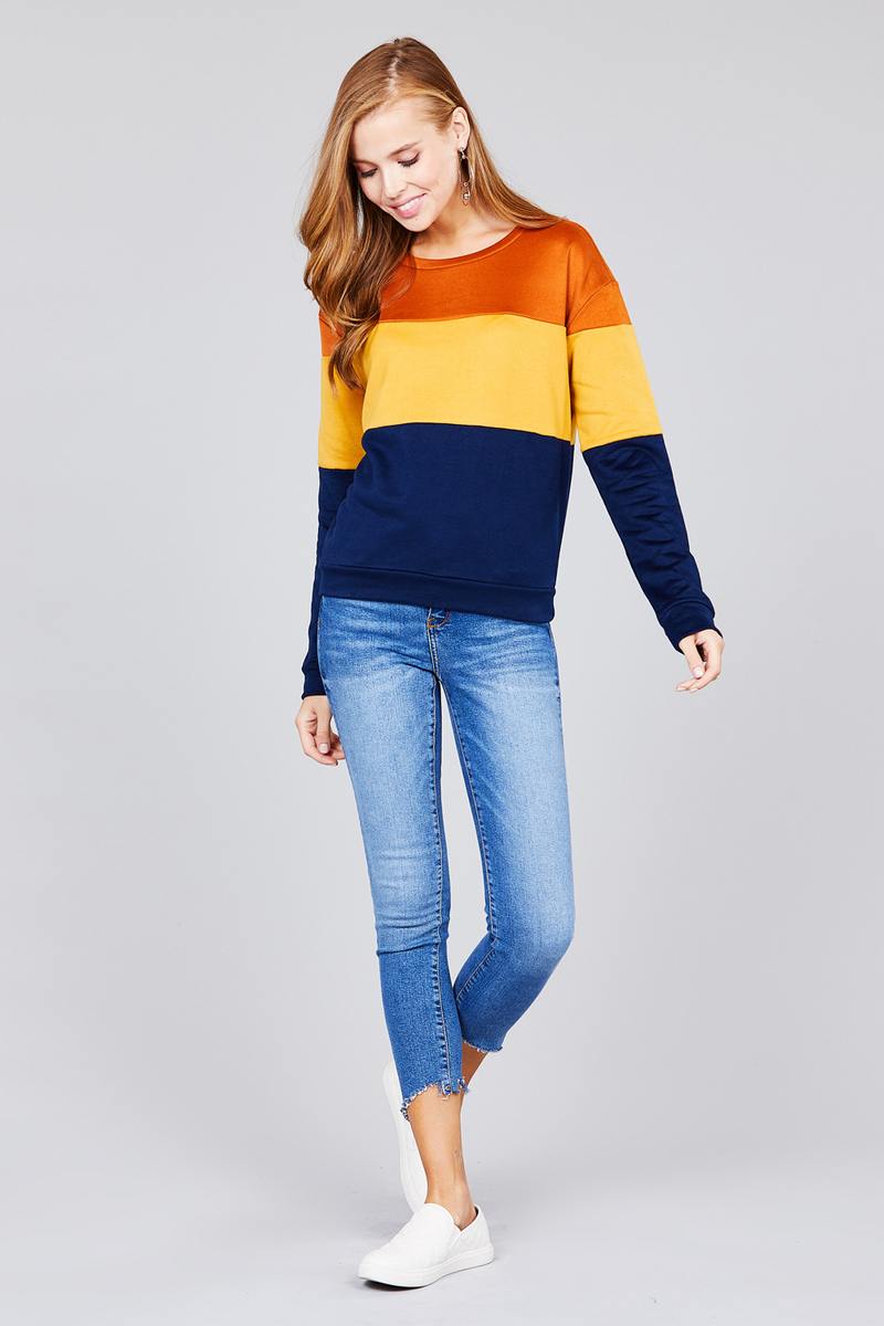 Long sleeve round neck color block pattern brushed french terry top