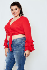 Plus size tiered bell sleeve tie front wrap top
