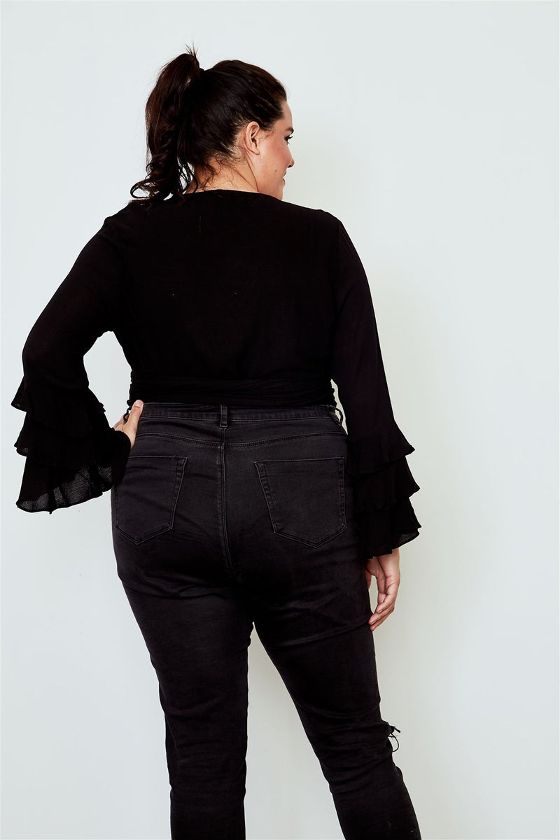 Plus size tiered bell sleeve tie front wrap top