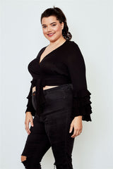 Plus size tiered bell sleeve tie front wrap top