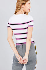 Short sleeve round neck multi stripe rib sweater top