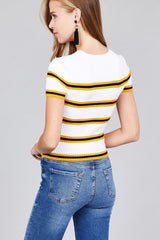 Short sleeve round neck multi stripe rib sweater top