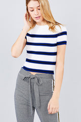 Short sleeve round neck multi stripe rib sweater top