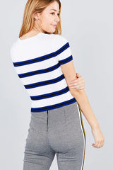 Short sleeve round neck multi stripe rib sweater top