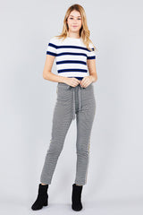 Short sleeve round neck multi stripe rib sweater top