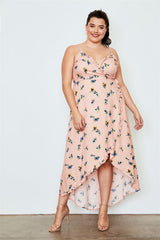 Plus Size Peach Flower Print Hi-low Wrap Midi Dress
